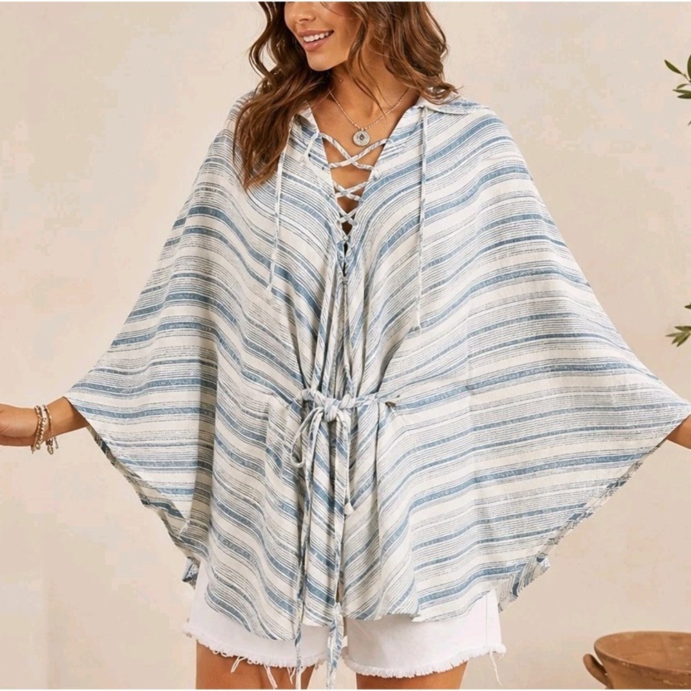 CHA SUR Stripe Linen Blend Poncho Top Womens M Blue White Boho NWT